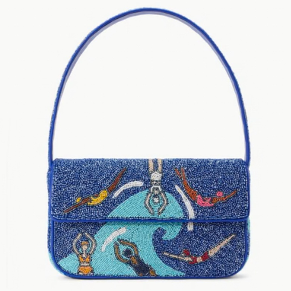 STAUD Blue Beaded Wave-Print Shoulder Bag